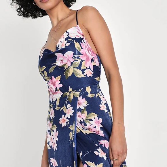 Lulu's Love of Romance Navy Floral Print Satin Cowl Neck Maxi Dress - Picture 5 of 8